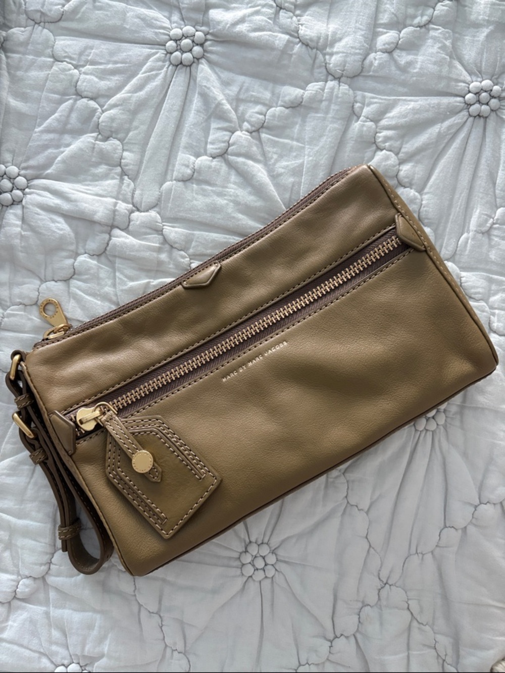 Marc Jacobs Olive-Tan Leather Wristlet Clutch with Gold Hardware